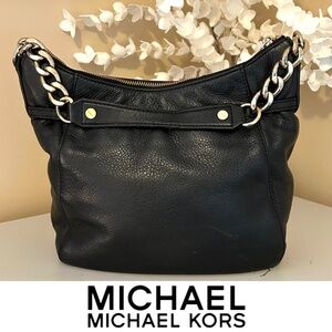 Michael Kors Megan Hobo Shoulder Bag Black Leather Gold Chain